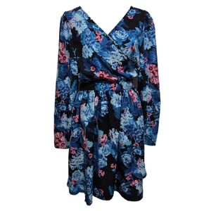 NASTY GAL Floral Wrap Dress with Long Sleeves Blue Pink Black Size 14